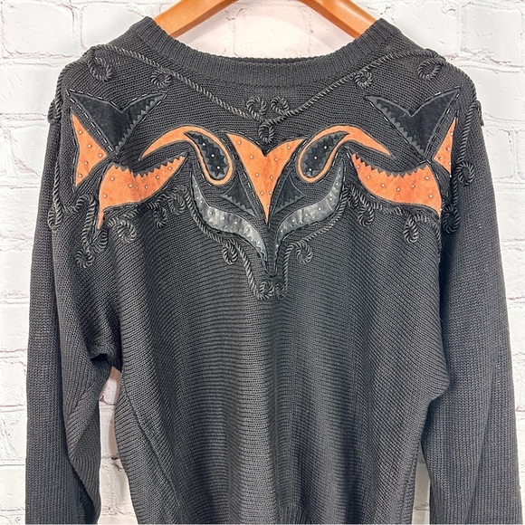 Vintage western 80’s sweater crewneck shoulder pads size L large black suede - Picture 1 of 13
